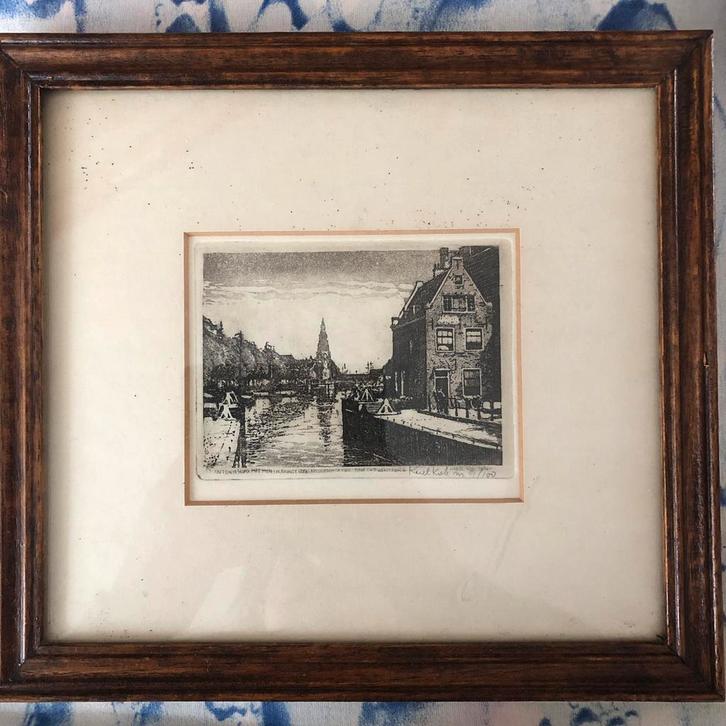 Ets karel Kok, ‘Anthony Sluis met Montelbaanstoren ca 1900, Antiek en Kunst, Kunst | Etsen en Gravures, Ophalen of Verzenden