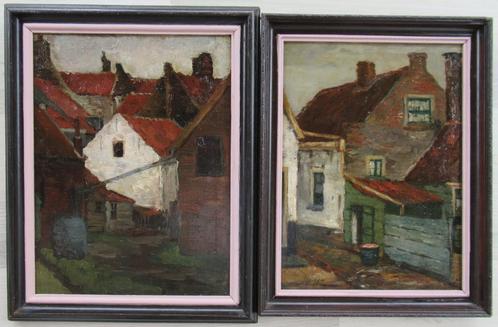 J. Korthals: Huisjes in een oude buurt (2 x), Antiek en Kunst, Kunst | Schilderijen | Klassiek, Ophalen of Verzenden