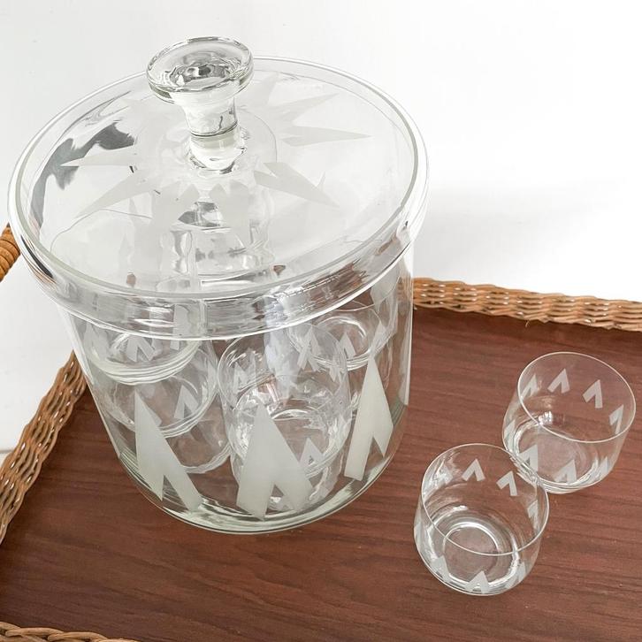 Vintage, glazen bowl set met deksel en 12 glazen, Antiek en Kunst, Antiek | Glas en Kristal, Ophalen