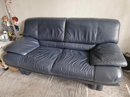 Donkerblauwe leren 2-zitsbank, Huis en Inrichting, Banken | Bankstellen, Gebruikt, Rechte bank, Tweepersoons, 150 tot 200 cm, 75 tot 100 cm