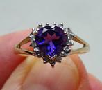 9 kt Gouden ring: hart geslepen amethist + 17 x diamant, Gebruikt, Paars, Ophalen of Verzenden, 17 tot 18