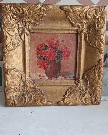 Schilderijtje/paneeltje vaasje met bloemen in brocante lijst beschikbaar voor biedingen