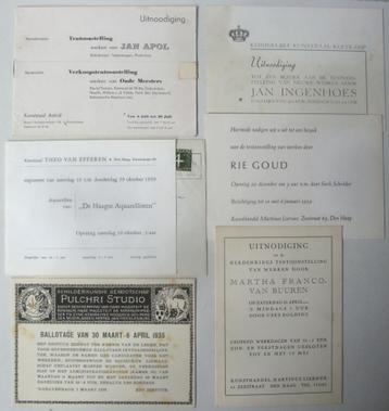 6 Uitnodigingen tentoonstellingen schilderijen 1935 - 1959,  beschikbaar voor biedingen