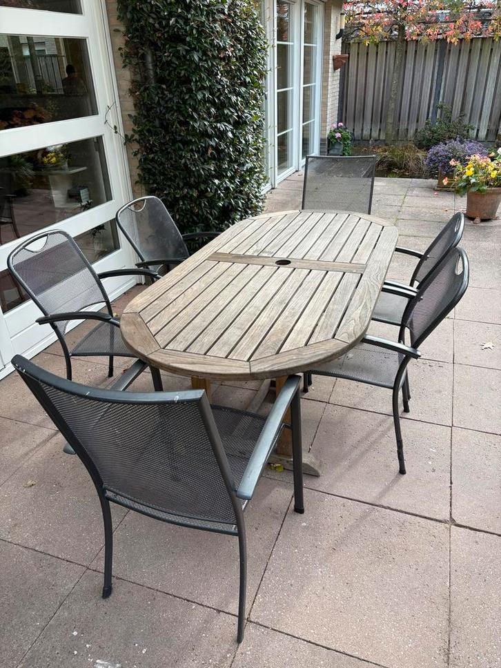 Hardhouten Tuinset met 6 Stalen Stoelen, Tuin en Terras, Tuinsets en Loungesets, Gebruikt, Tuinset, Hardhout, 6 zitplaatsen, Eettafel