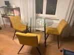 Glazen tafel + 3 gele fluwelen stoelen, Ophalen, 4 tot 6 stoelen