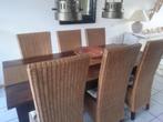 Stijlvolle eethoek - teakhouten tafel + 6 rieten stoelen, Ophalen, Gebruikt, Teakhout, 200 cm of meer