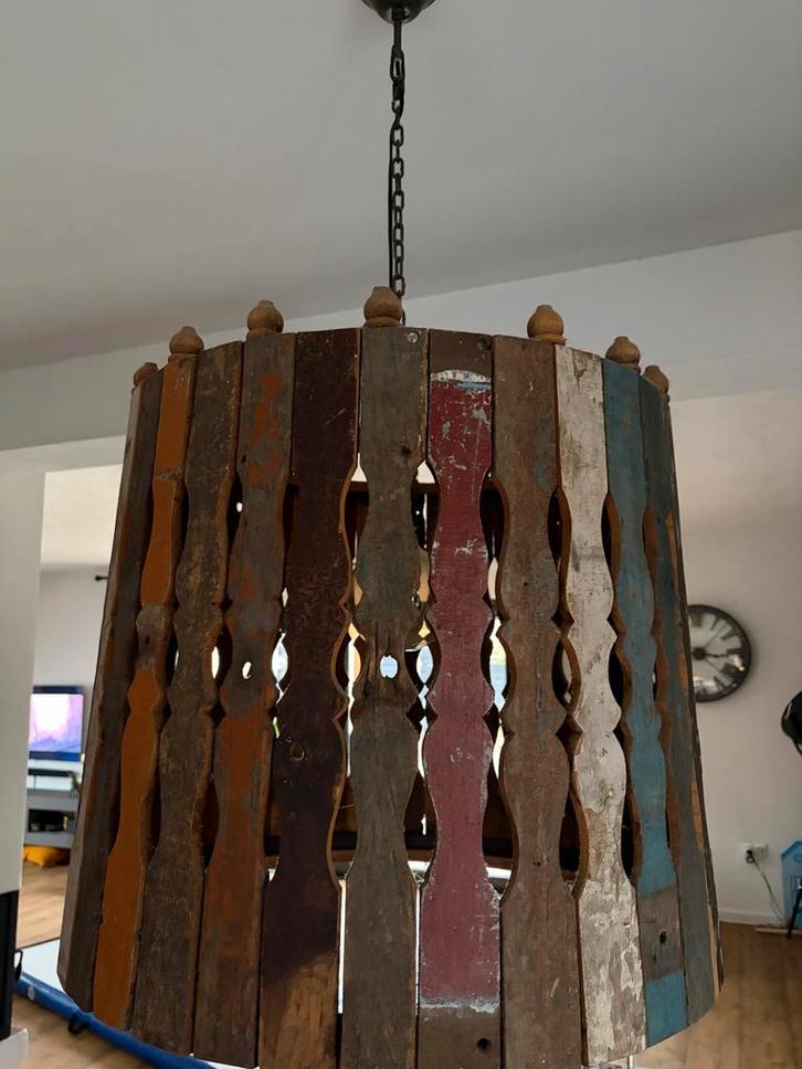 Prachtige Hoffz hanglamp van oude Indiase tuinhekjes, Huis en Inrichting, Lampen | Hanglampen, Gebruikt, 50 tot 75 cm, Hout, Ophalen