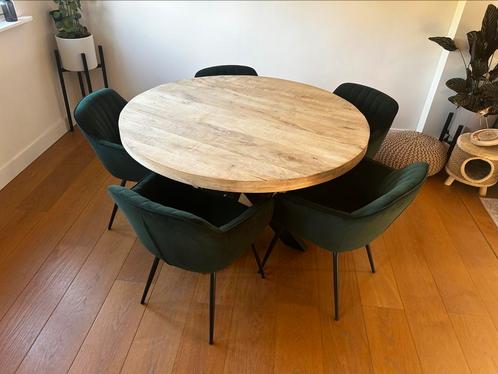 Eetkamer - Mangohout ronde eettafel en 6 stoelen, Huis en Inrichting, Complete eetkamers, 4 tot 6 stoelen, Ophalen