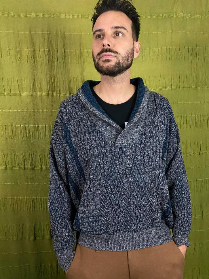 Vintage trui met kraag - grijs - patroon - S/M, Kleding | Heren, Truien en Vesten, Gedragen, Maat 48/50 (M), Grijs, Ophalen of Verzenden