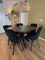 Ronde eettafel 130x130 mangohout + 5 velvet stoelen, Huis en Inrichting, Ophalen, Gebruikt, Rond, Vijf personen of meer