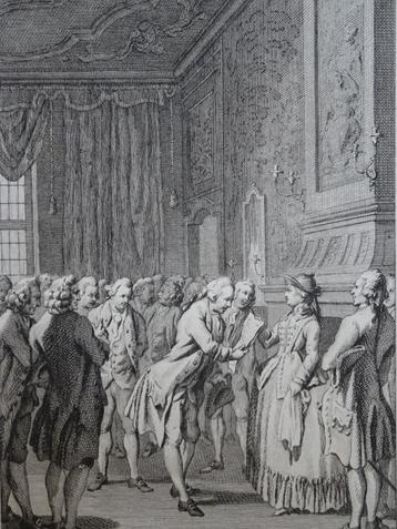 Gravure Hollandse kooplieden bieden klaagschrift Vinkeles  beschikbaar voor biedingen