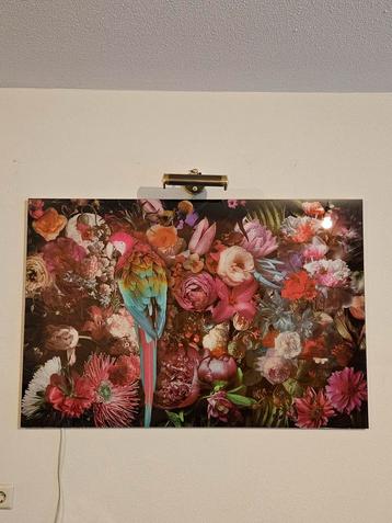 Glasschilderij  Ara met bloemen 120x80 cm hoge kwaliteit beschikbaar voor biedingen
