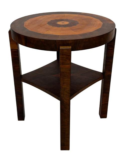 Art Deco Eiken Bijzettafel Ingelegd Blad design coromandel, Huis en Inrichting, Tafels | Bijzettafels, Gebruikt, Rond, 60 cm of meer