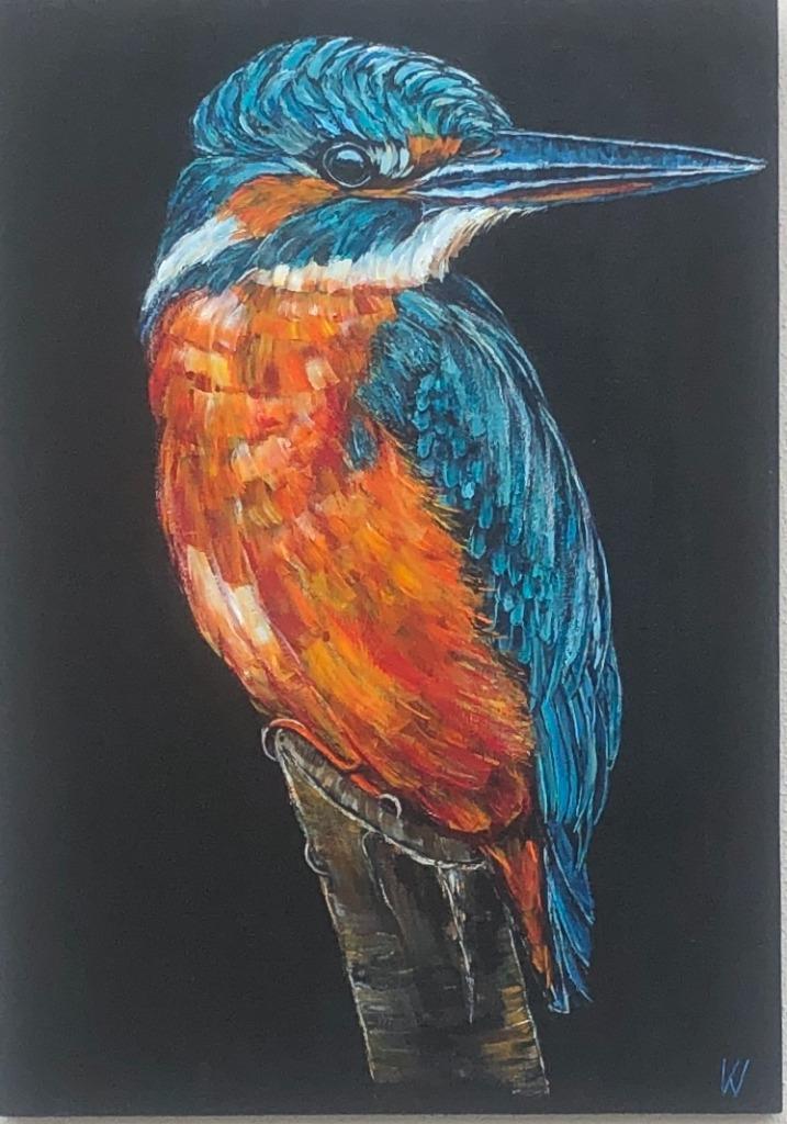 Schilderij ijsvogel op hout, Antiek en Kunst, Kunst | Schilderijen | Modern, Verzenden