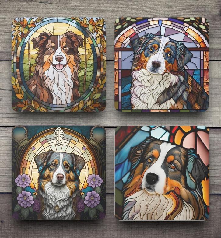 Australian Shepherd Glas in Lood onderzetters met houder, Huis en Inrichting, Woonaccessoires | Onderzetters, Nieuw, Glas of Kopje