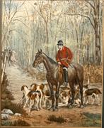 Pasteltekening van jacht met paarden en beagles, Antiek en Kunst, Ophalen of Verzenden