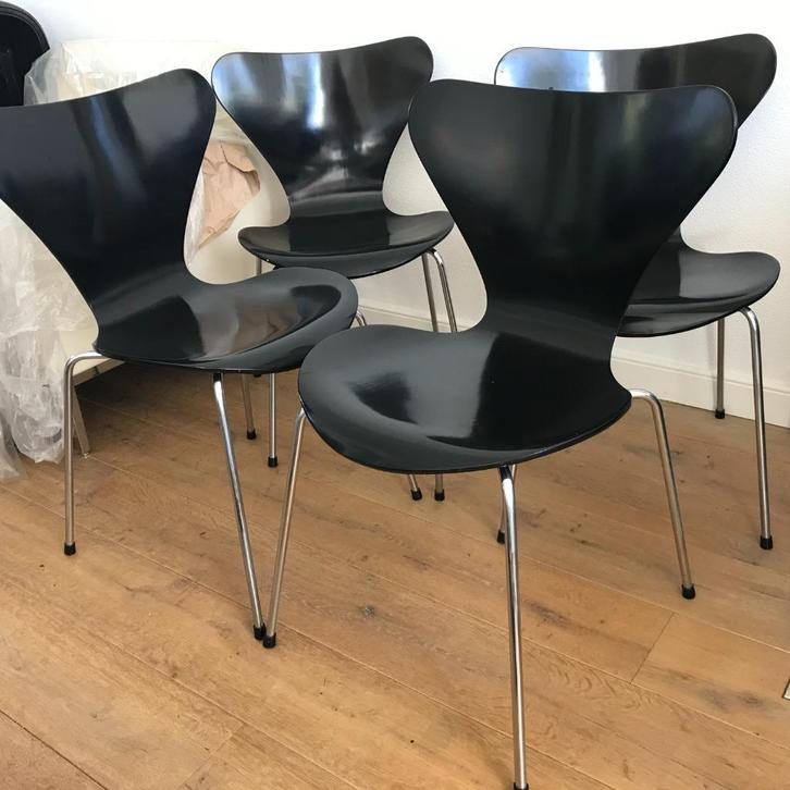 4 Vintage Fritz Hansen 3107 vlinder stoel zwart retro, Huis en Inrichting, Stoelen, Gebruikt, Eén, Zwart, Ophalen