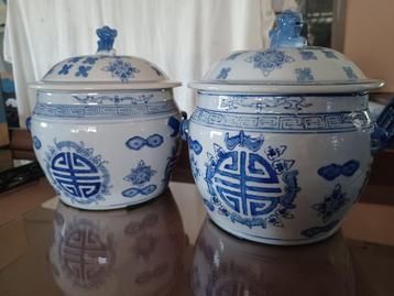 Chinese potten 2 x met 2x rijstschalen blauw/wit , ook apart beschikbaar voor biedingen