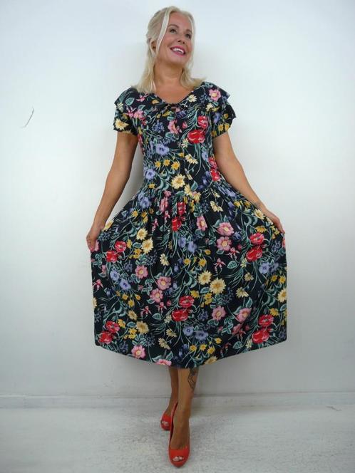 *Abfab Vintage Gebloemde Jurk 38*, Kleding | Dames, Jurken, Zo goed als nieuw, Maat 38/40 (M), Zwart, Onder de knie, Ophalen of Verzenden