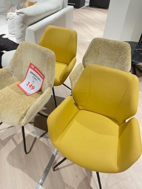 Eetkamerstoel Sunny geel set 4x Showmodel, Huis en Inrichting, Stoelen, Nieuw, Vier, Leer, Stof, Overige kleuren, Ophalen