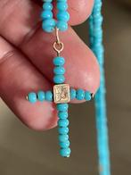 Vintageketting turquoise met 14 k kapittelslot en kruis, Ophalen of Verzenden, Goud, Ketting