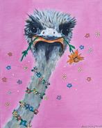 Schilderij Struisvogel met ketting vrolijk acryl op canvas, Ophalen of Verzenden
