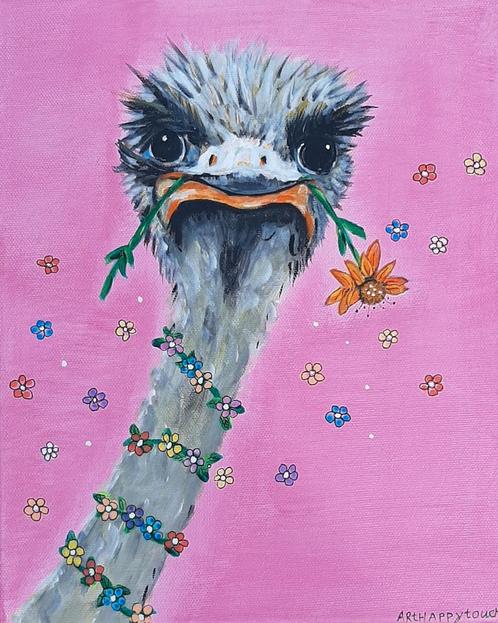 Schilderij Struisvogel met ketting vrolijk acryl op canvas, Antiek en Kunst, Kunst | Schilderijen | Modern, Ophalen of Verzenden