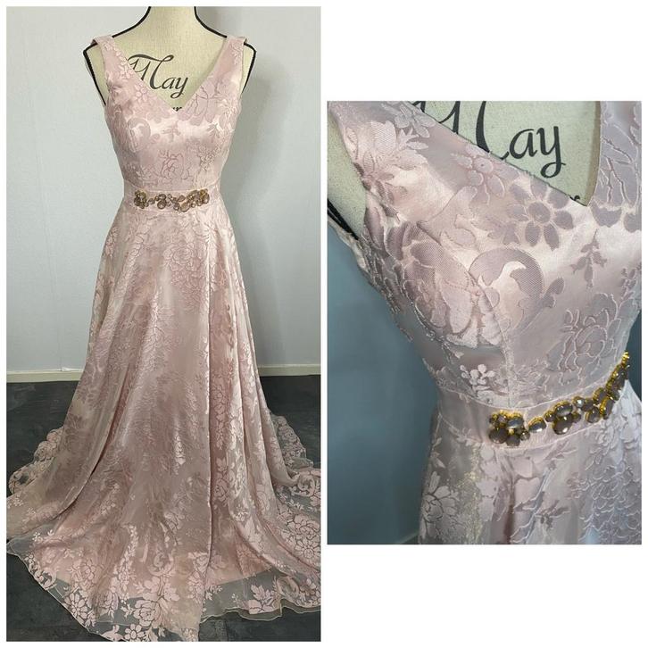 Roze galajurk met kant en glitter - XS/S, Kleding | Dames, Jurken, Zo goed als nieuw, Maat 34 (XS) of kleiner, Roze, Onder de knie