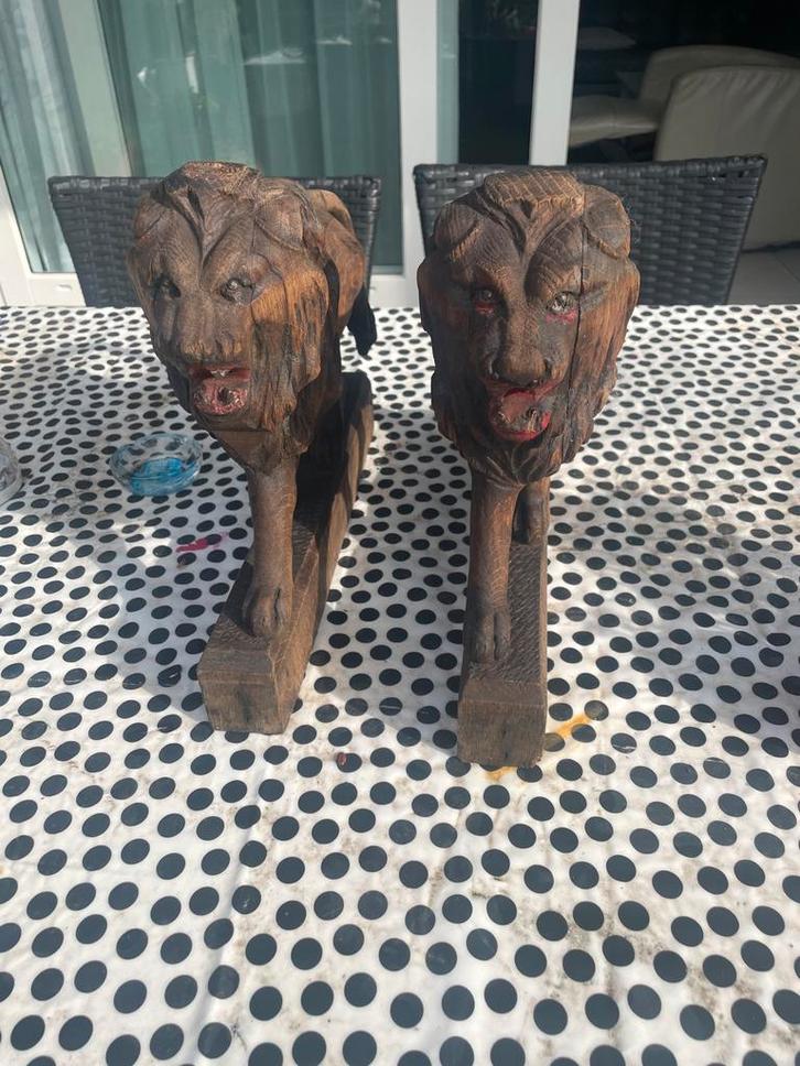 Houten Leeuwen Beelden Set, Antiek en Kunst, Kunst | Beelden en Houtsnijwerken, Ophalen of Verzenden
