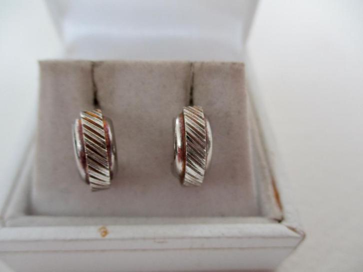 Zilverkleur 1/2 ronde oorbellen gematteerd gestreept, Sieraden, Tassen en Uiterlijk, Oorbellen, Zo goed als nieuw, Knopjes of Stekers