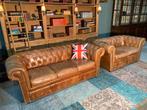 Stoere Chesterfield 3+2 zit bankstel vintage cognac, Huis en Inrichting, Gebruikt, 125 cm of meer, Leer, Ophalen of Verzenden