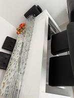 Witte, glanzende eettafel met 6 zwarte stoelen 1.60x0,9x0,8, Huis en Inrichting, Tafels | Eettafels, Ophalen, Overige materialen