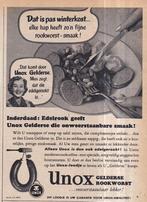 Retro reclame 1954 Unox rookworst echte winterkost, Verzamelen, Retro, Ophalen of Verzenden