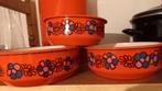 Retro vintage oranje gebloemde pannenset, Ophalen of Verzenden, Gebruikt, Pannenset