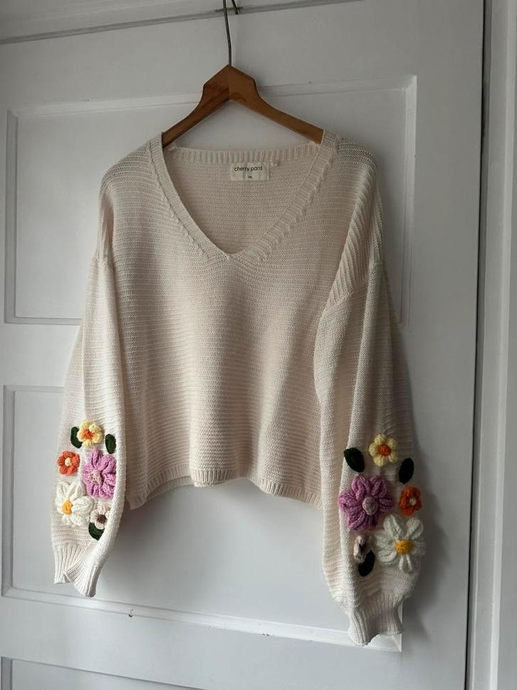 Romantisch oversized creme geborduurde bloemen pofmouw, Kleding | Dames, Truien en Vesten, Zo goed als nieuw, Maat 38/40 (M), Overige kleuren