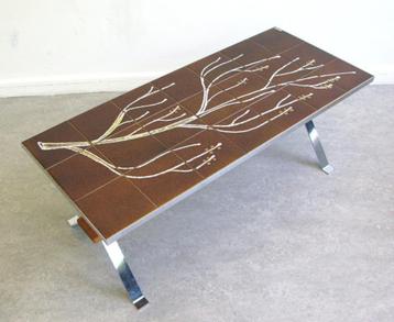 Vintage salontafel Fat Lave tegeltafel keramiek chroom hout beschikbaar voor biedingen