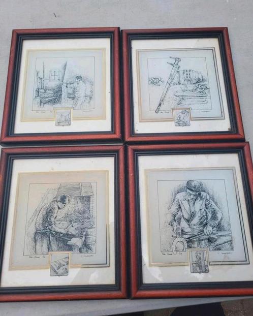 4 Ingelijste Prenten - Ambachtelijke Scènes, Antiek en Kunst, Kunst | Etsen en Gravures, Ophalen of Verzenden