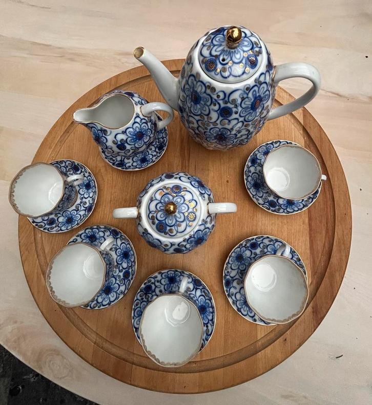 Lomonosov blauw Imperial Theeservies 5-persoons, Antiek en Kunst, Antiek | Servies compleet, Ophalen