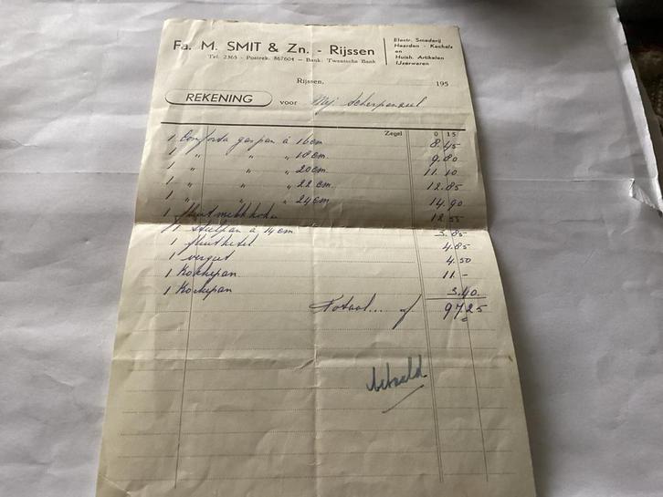 Oude Factuur Fa. M. Smit & Zn. Rijssen, Verzamelen, Merken en Reclamevoorwerpen, Ophalen of Verzenden