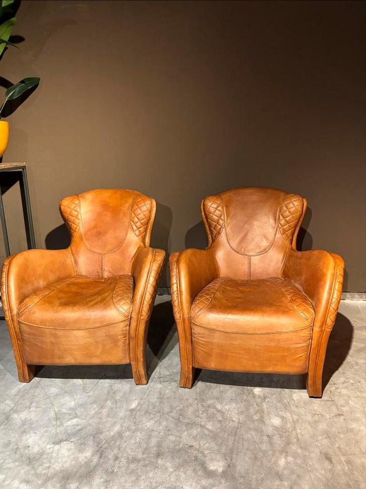 Vintage Cognacleren Saddle Chairs Timothy Oulton Style, Huis en Inrichting, Fauteuils, Gebruikt, Leer, 75 tot 100 cm, 75 tot 100 cm