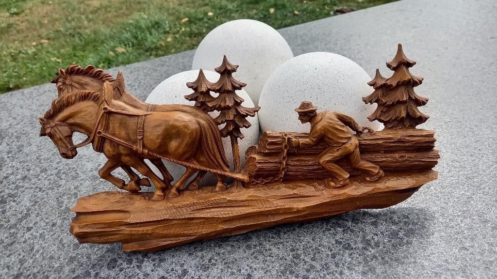 O.A Vintage Kunststof “Hout”snijwerk paarden Tin Keramiek, Antiek en Kunst, Curiosa en Brocante, Ophalen