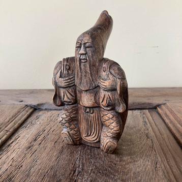 Houten sculptuur, bebaarde man en schildpad, Azië / China beschikbaar voor biedingen