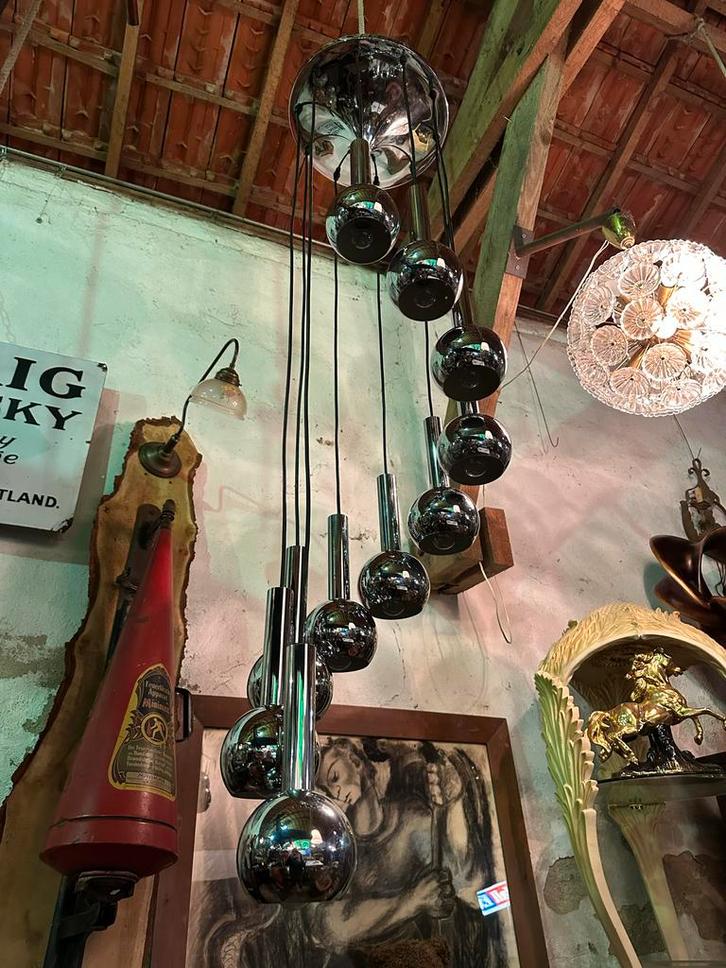 Vintage Midcentury Chrome Cascade Hanglamp in Topstaat, Huis en Inrichting, Lampen | Hanglampen, Zo goed als nieuw, 75 cm of meer