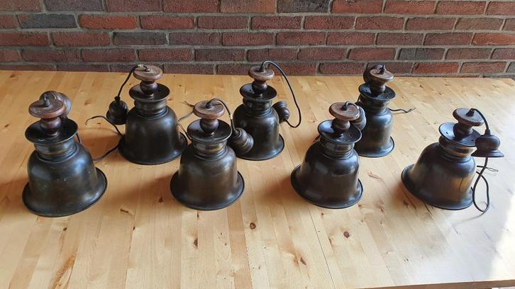 Set 7 vintage Hanglampen Industrieel Koperlook, Huis en Inrichting, Lampen | Hanglampen, Gebruikt, Minder dan 50 cm, Hout, Metaal