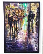 Prachtig schilderij  ,,Avond wandeling in de regen,,, Antiek en Kunst, Ophalen