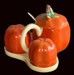 Vintage ORANJE Pompoen zout peper mosterd pot cruet set 60's, Antiek en Kunst, Ophalen