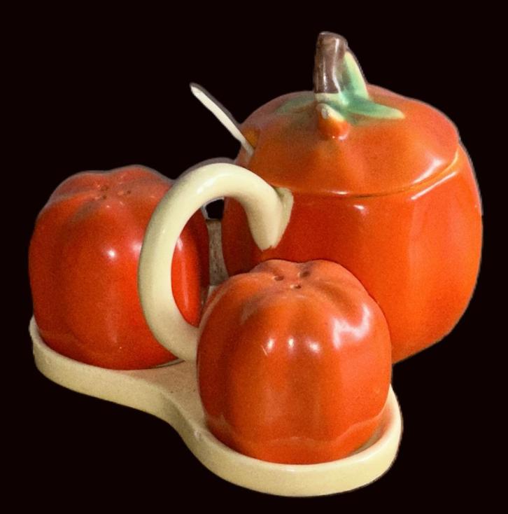 Vintage ORANJE Pompoen zout peper mosterd pot cruet set 60's, Antiek en Kunst, Antiek | Servies los, Ophalen