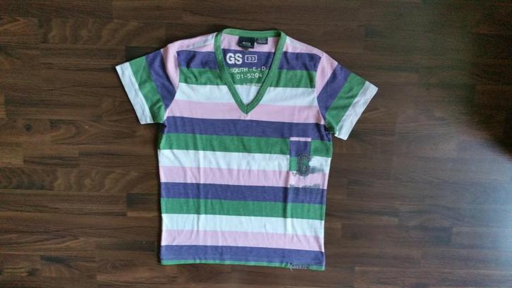 G-Star Raw t-shirt gestreept wit/roze/groen/paars, Kleding | Heren, T-shirts, Zo goed als nieuw, Maat 46 (S) of kleiner, Overige kleuren