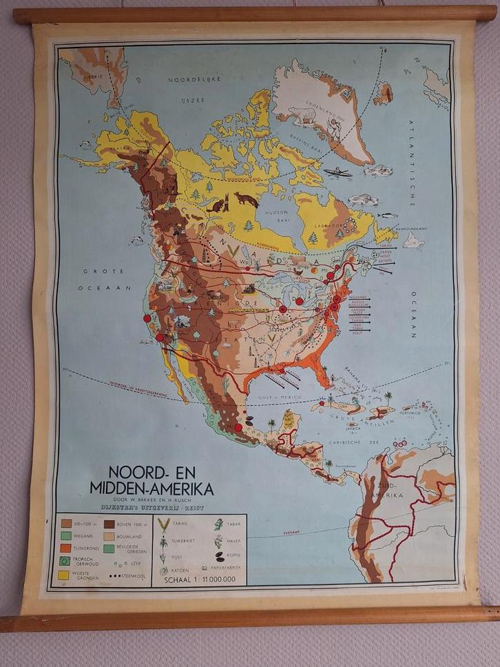 Oude schoolkaart Noord- en Midden-Amerika, Antiek en Kunst, Antiek | Schoolplaten, Aardrijkskunde, Ophalen of Verzenden