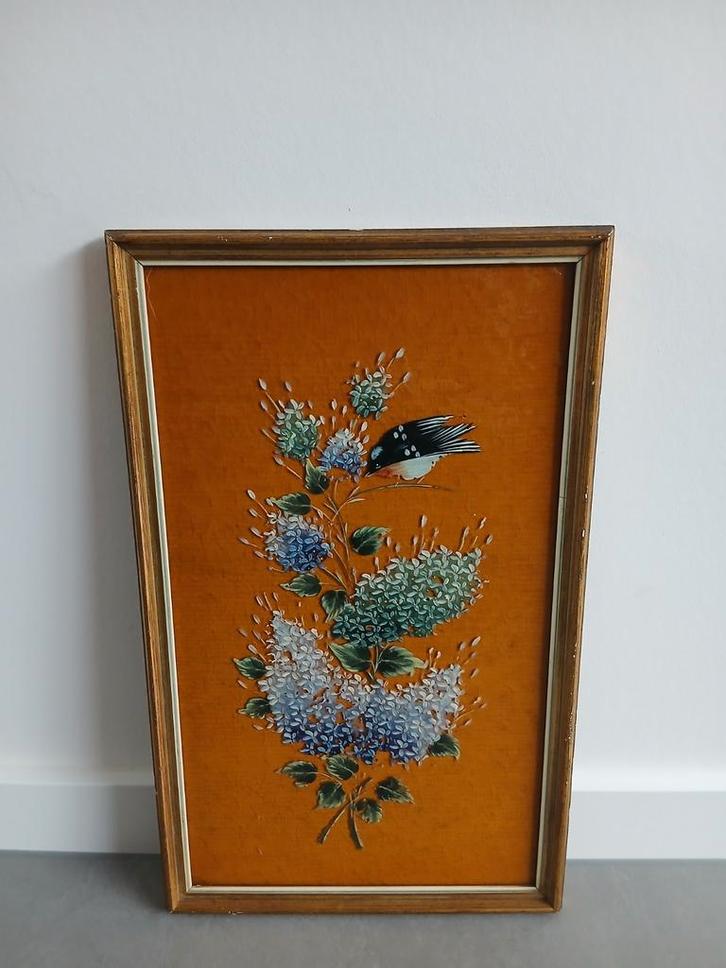 Vintage beschilderd glas - vogel met bloemen, Antiek en Kunst, Kunst | Schilderijen | Abstract, Ophalen of Verzenden